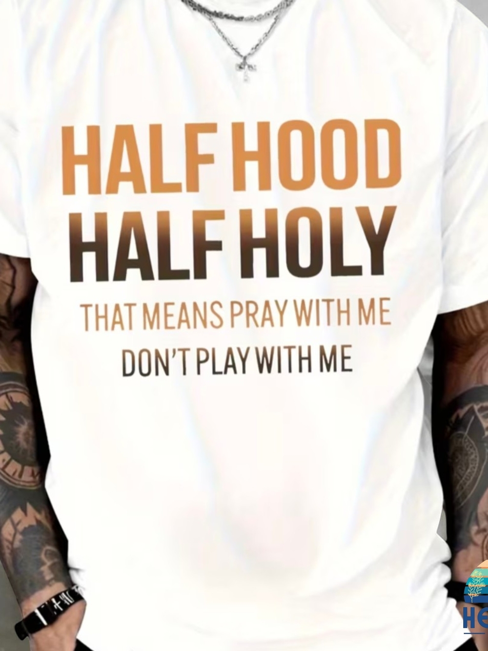 Men's White Large Short Sleeve Tee with Orange and Brown Gradient Text